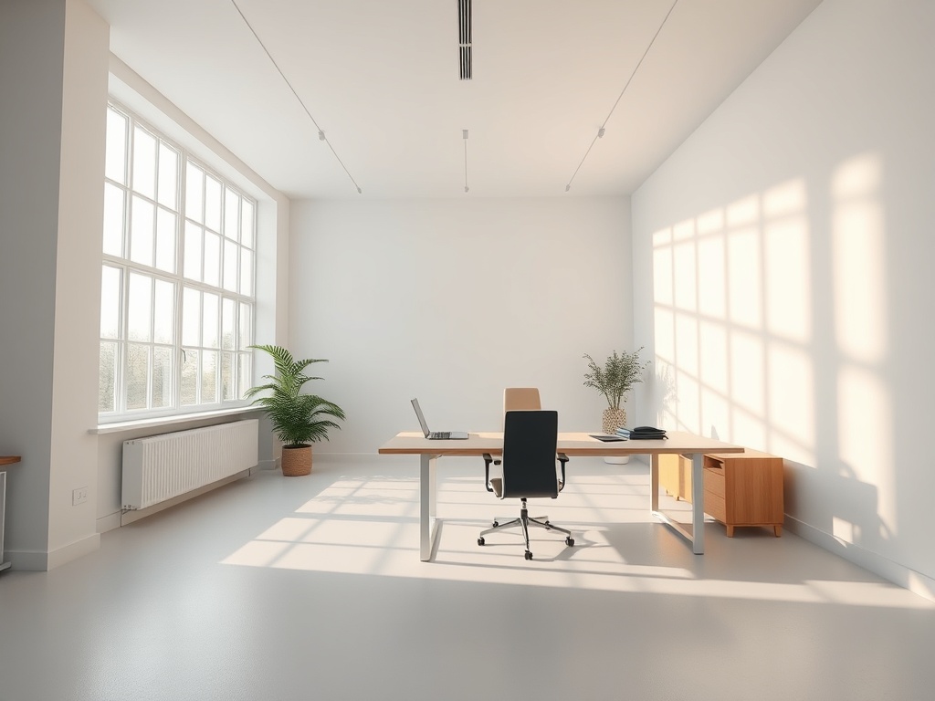 Low-angle shot of a minimalist scandinavian workspace with natural light streaming through large windows, geometric shadows on white walls, abstract architectural lines, photorealistic, 8k