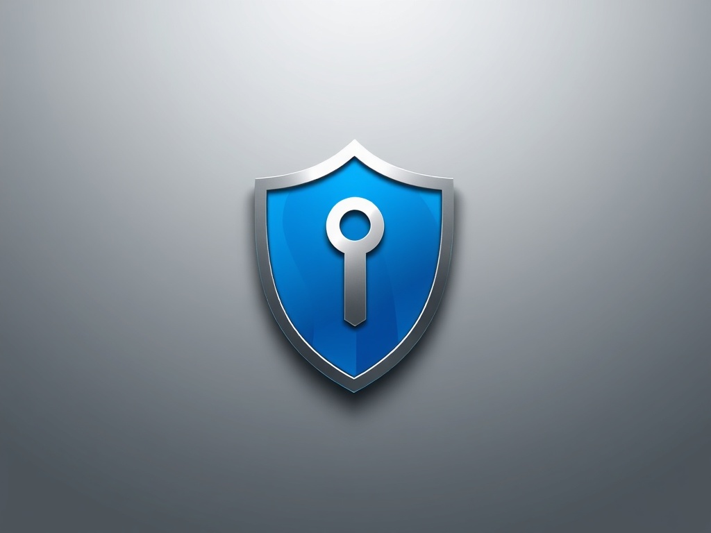 Sleek, minimalist logo mark combining a shield and a digital key, silver and blue gradient, clean lines, vector-style but photorealistic texture, 8k