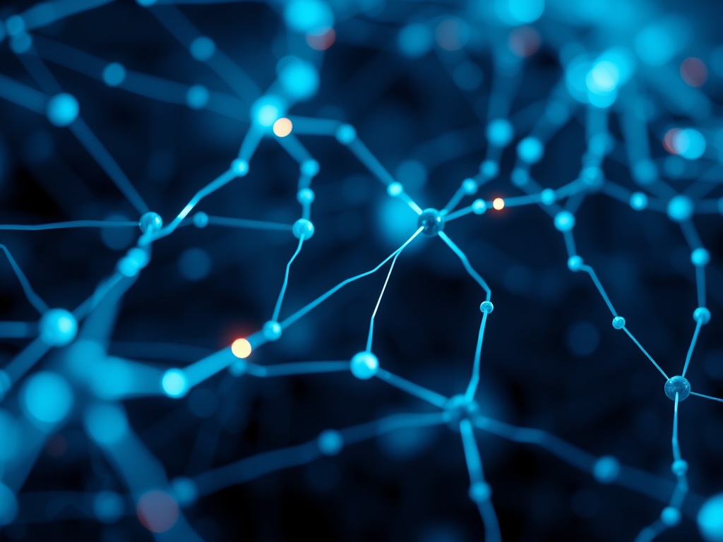 Abstract close-up of interconnected digital nodes and glowing pathways, resembling a neural network, dark blue and cyan tones, photorealistic, 8k
