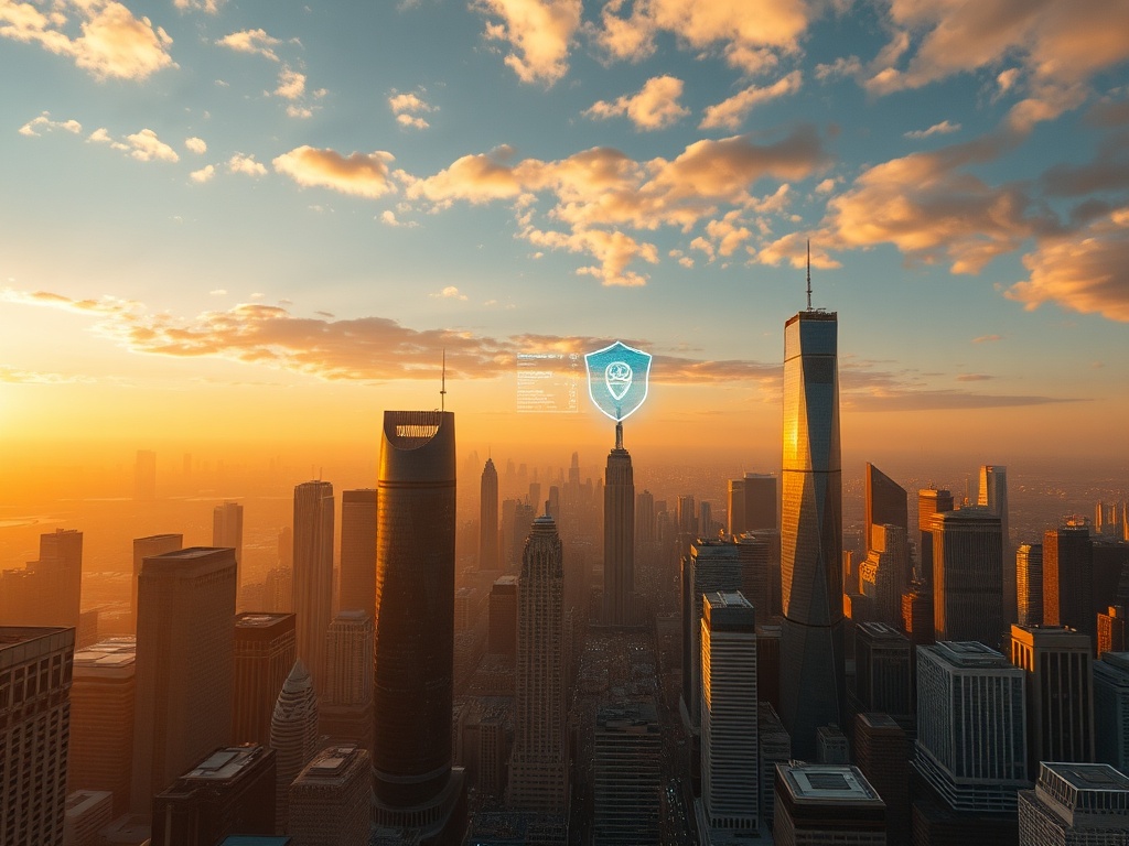 A sweeping aerial view of a futuristic city skyline at golden hour, with digital security holograms floating above sleek skyscrapers, photorealistic, cinematic lighting, 8k, commercial photography style